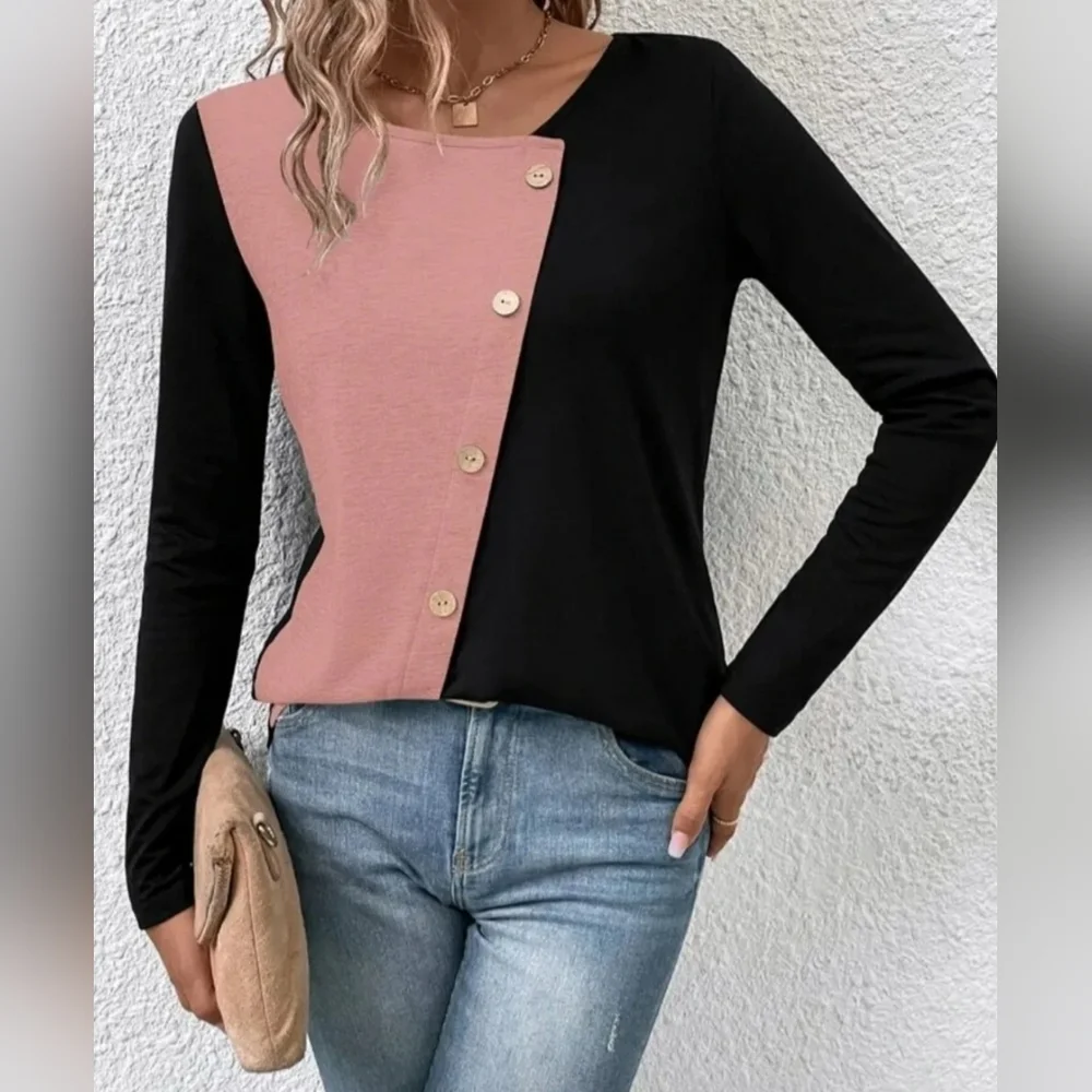SHEIN Two Tone Button Detail Tee Size L UK 12 - Picture 1 of 6
